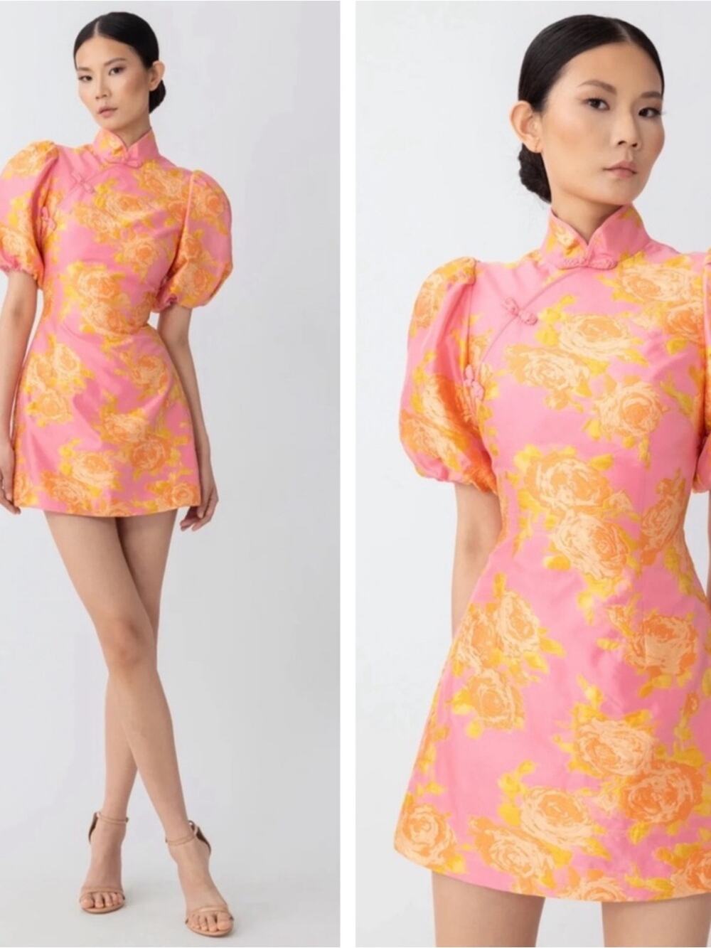 SAU LEE June Floral Jacquard Puff Sleeve Pink Mini Dress Size 00
